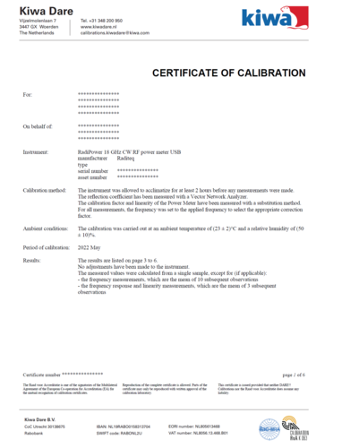 Raditeq GEN017FQ ISO17025 accredited (RvA) calibration certificate for RadiGen 400Mhz